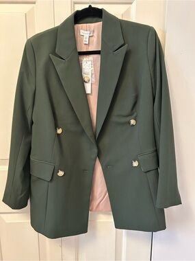 Topshop Olive-Style Double-Breasted Blazer with Beige/Pink Lining